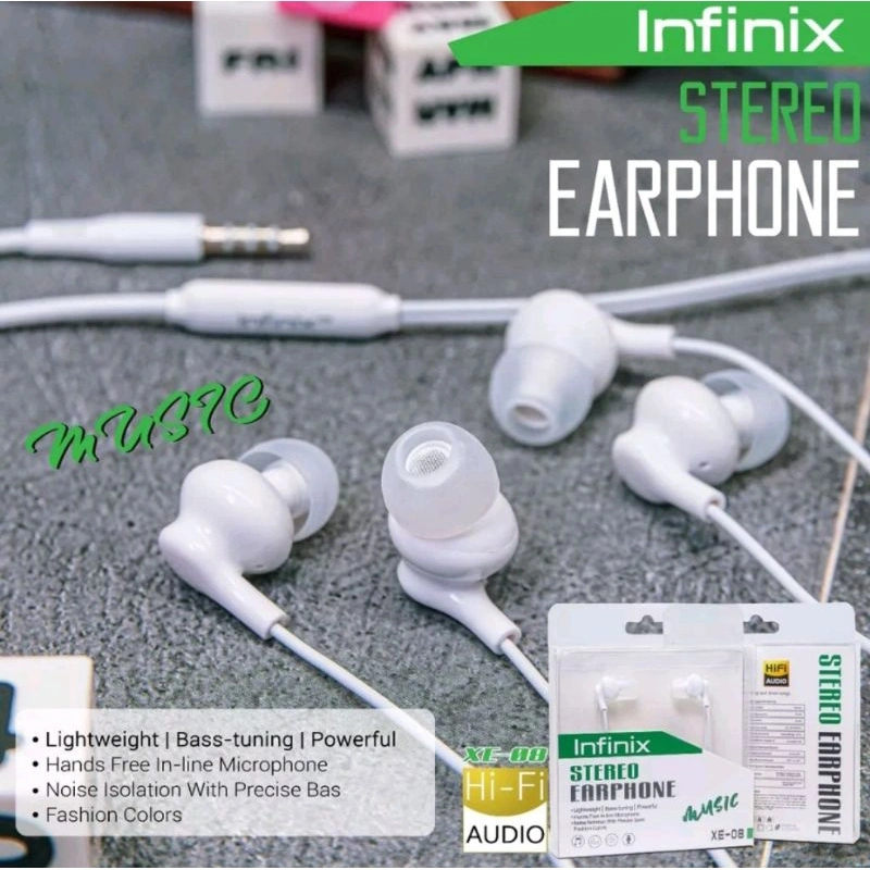 Handsfree Headset Earphone INFINIX Original packing premium jernih Bass support 3D audio
