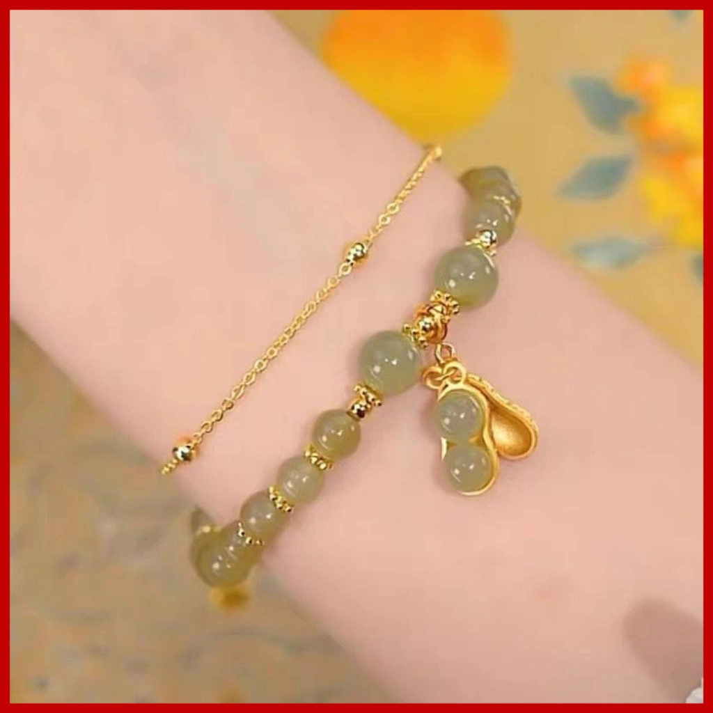 GL43 - Gelang Giok Asli Batu Kacang Titanium/Gelang Giok Kacang Wanita Berlapis Emas 18K Anti Luntur/Giok Manik Gelang Kacang Liontin Gelang Retro Gaya Cina Eleg/GELANG PEANUT