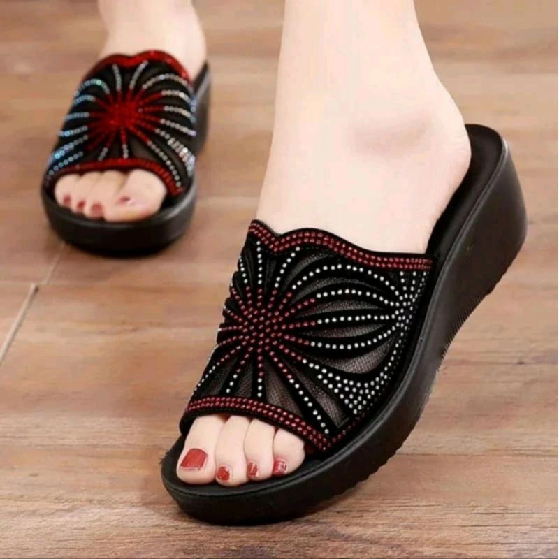 Sandal Wedges Motif Mutiara Rajut Selop Wanita kondangan/ Sendal Hak 3cm Zise 37 sampai 40