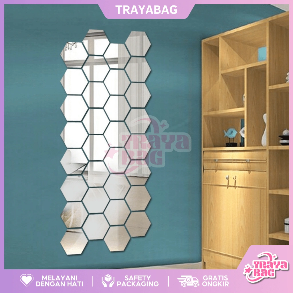 Cermin Hexagonal Keren 12 pcs E416 Kaca Hexagonal Ukuran Kecil Hiasan Dinding Wallpaper Sticker Cermin Import Real Pict