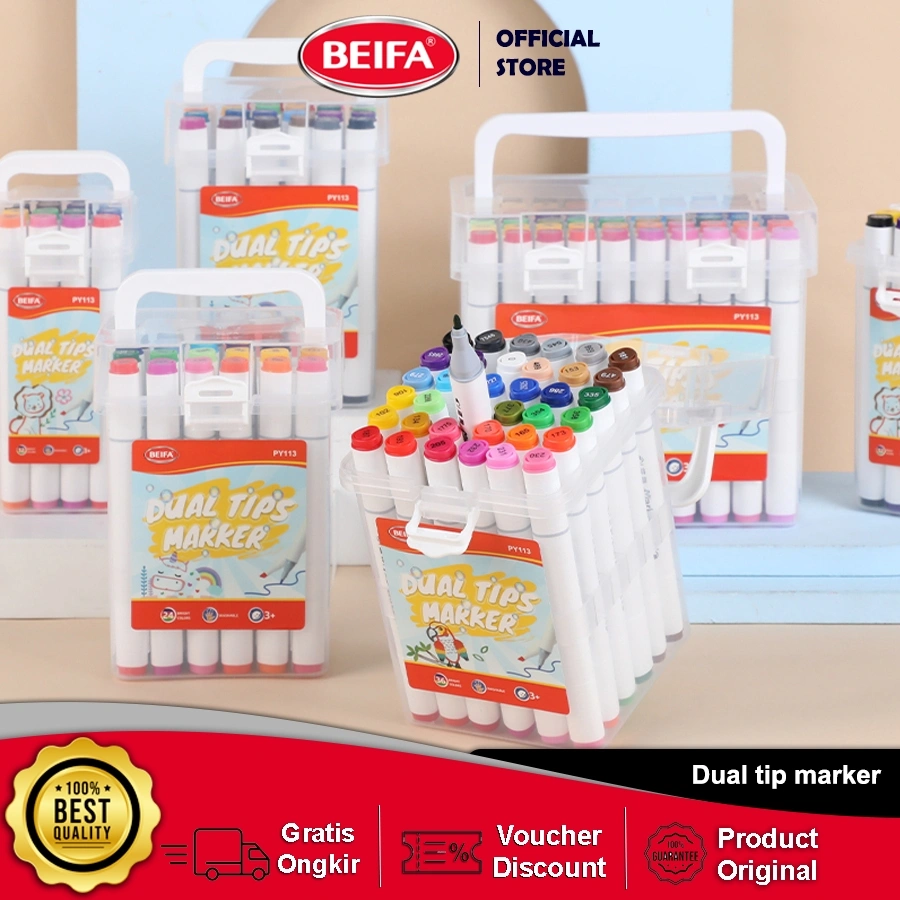 Beifa Spidol Sketch Marker PY113 - Isi 12/24 Warna, Tinta Tajam & Halus