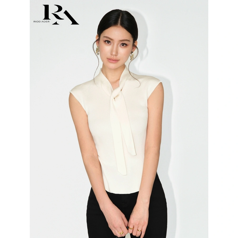 RIOD AOER V-neck bahu lurus sutra es rajutan lengan pendek T-shirt wanita musim panas ramping pas ceruk unik khusus selendang pita atas