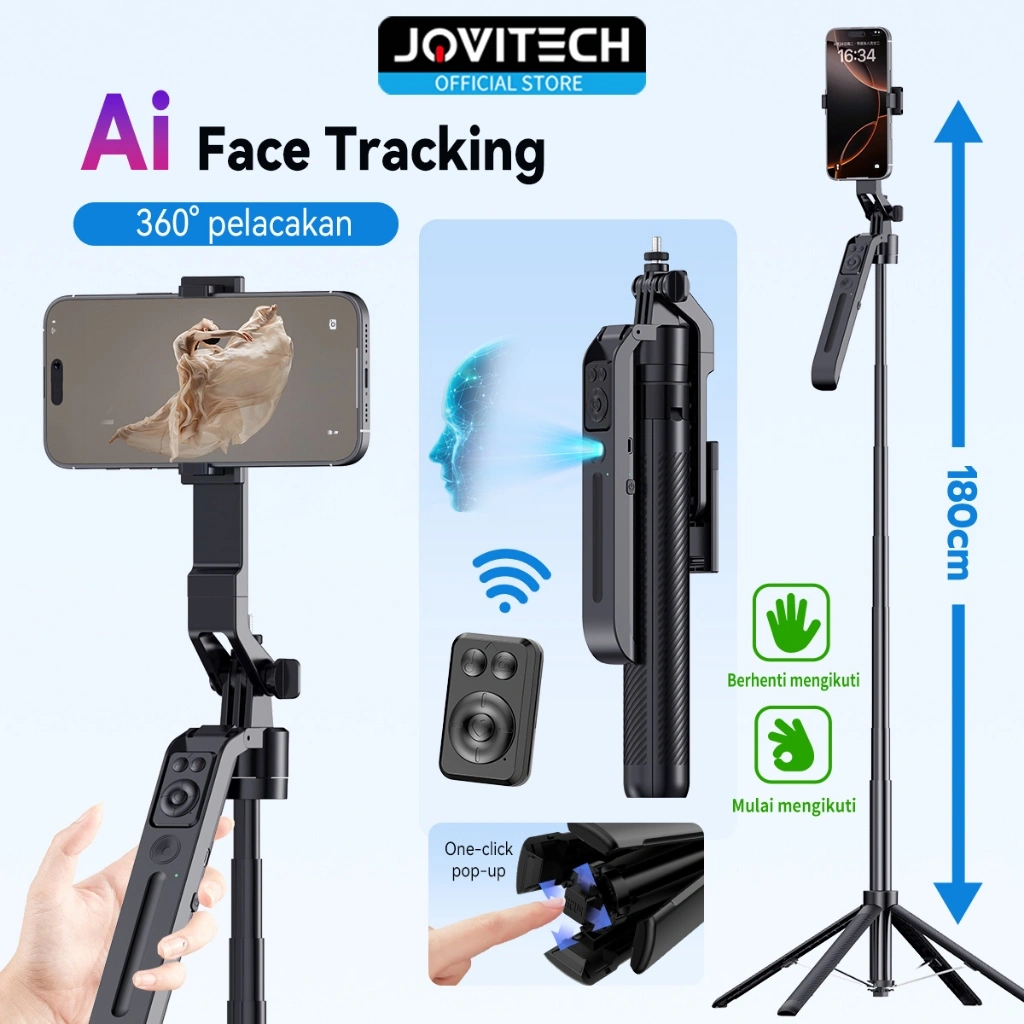 Jovitech GS12 Smart Ai Gimbal Tripod Auto Face Tracking Tongsis Tripod Selfie Stick 180CM Handphone Gimbal Stabilizer Tripod 360° Rotasi Stand Tongsis Remote Bluetooth