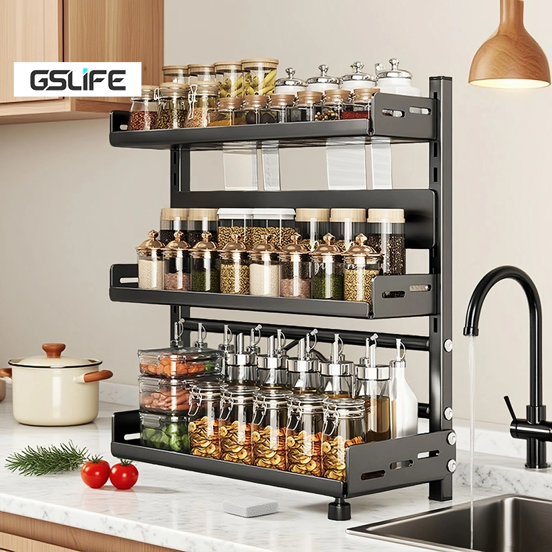 GSLIFE Rak Botol Bumbu Stainless Steel 2/3 Susun Rak Bumbu Dapur Rak Dapur Serbaguna