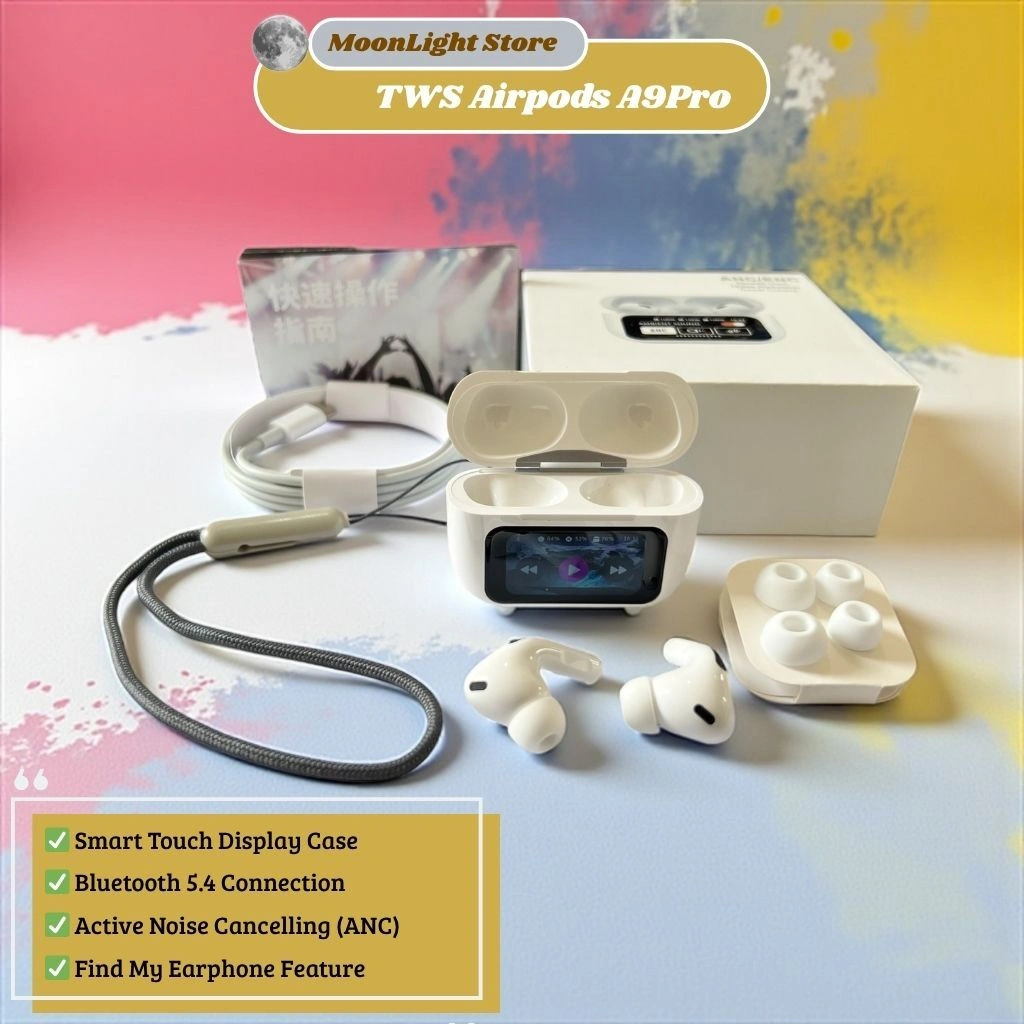 MoonLight - TWS A9 Pro Smart Touch Earbuds – Smart Case Display, Premium Sound Experience – Airpods A9 Pro Dengan Layar Sentuh