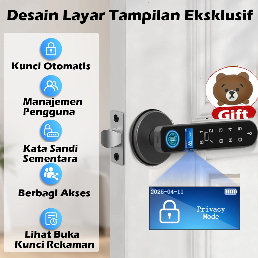 Kunci Kenop Pintu Pintar dengan Layar Tampilan, Kunci Pintu Masuk Tanpa Kunci Sidik Jari  dengan Gagang Papan Tombol Kode, Kunci Tuas Pintu Pengunci Keamanan Biometrik Elektronik untuk Interior Kamar Tidur - Hitam
