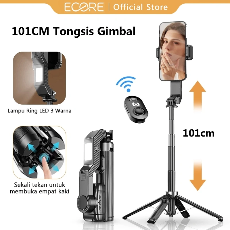 ECORE Q31 Tongsis Gimbal Extendable Grip Tripod 4 KAKI Mini Selfie Stick Remote Control Tripod 3 In 1 Tongsis Tripod Bluetooth Quadpod With Dan Lampu