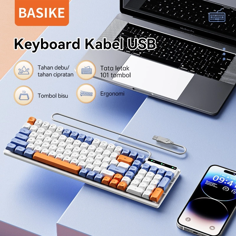 BASIKE Keyboard Wired Kabel USB 101Keys Mechanical Gaming Silent Makaron untuk Laptop Computer ipad