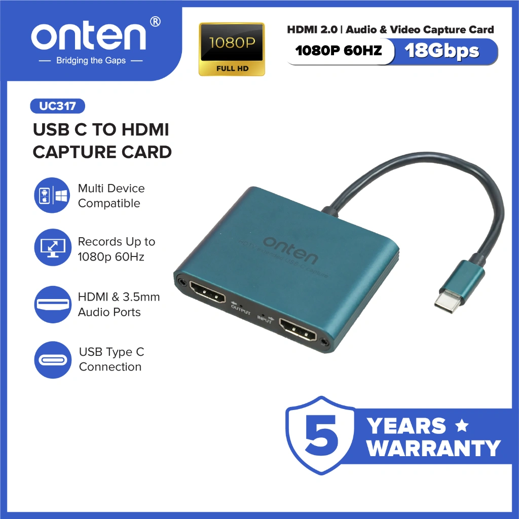Onten Video Audio Capture Card 4K @30Hz USB Type C Connection dengan Dual HDMI Port untuk Game Record Streaming Live Camera OTN-UC317
