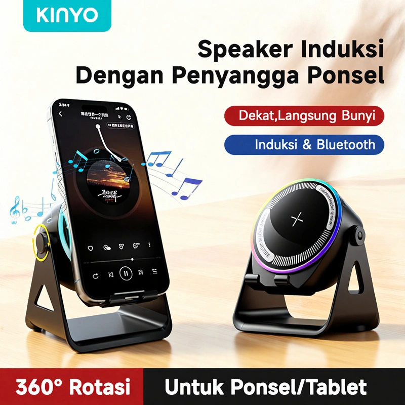 KINYO Speaker Bluetooth Pintar dengan Sensor, Dudukan Ponsel 3-in-1, Pengisi Daya Nirkabel Portabel untuk Meja, Suara Jernih dengan Bass Kuat