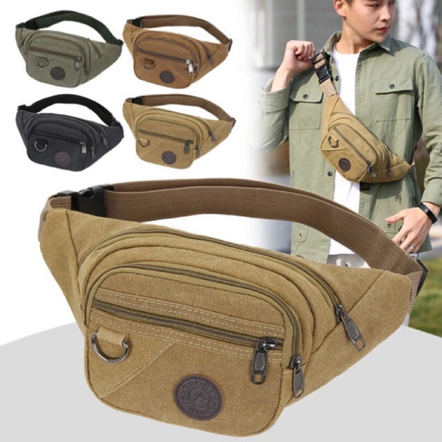 Tas pinggang pria import bahan kanvas tebal waist bag selempang multifungsi sling bag