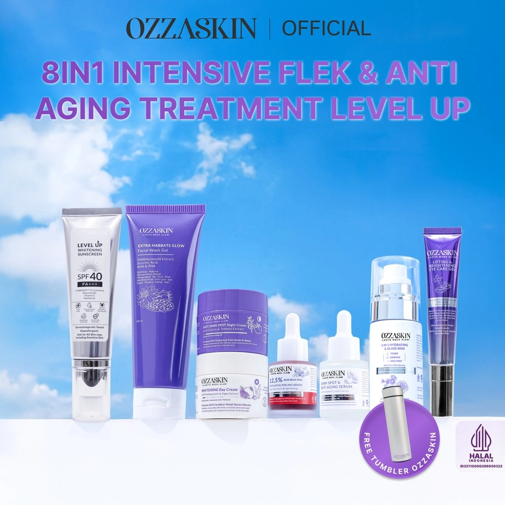 New Ozzaskin Set Lengkap (Facial Wash, Sunscreen Level Up, Day Cream, Night Cream, Serum Vit C, Peeling Serum, Toner, Eye Gel) Halal BPOM Mengandung Bahan Alami, Membantu Memudarkan Flek Hitam, Mencerahkan, Melembabkan dan Efek Glowing Instan