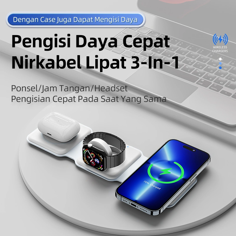 BASIKE 3 In 1 Charger iPhone Wireless Fast Charging 15W Qi Pengisi Daya Cepat Lipat Stand Dock