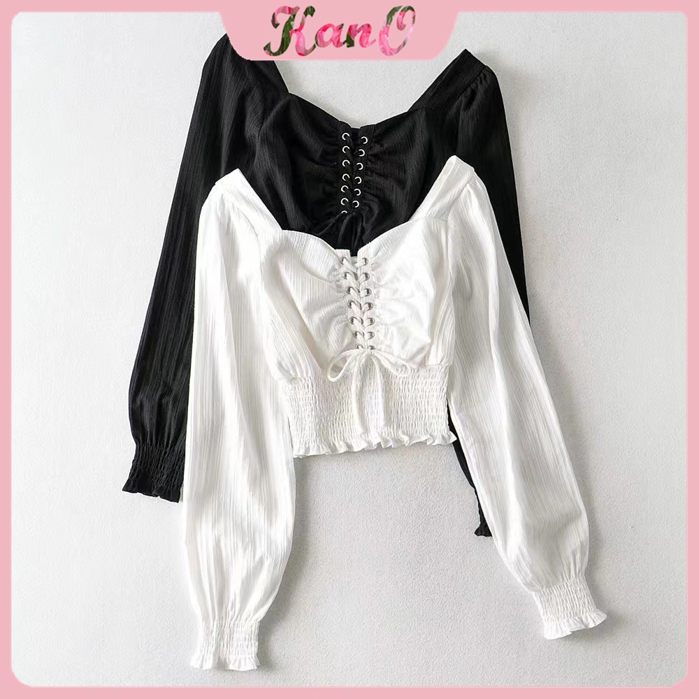 KANO Atasan Kemeja Puff Chia Wanita Pinggang Tinggi Kemeja Puff Crop Top Square Neck Gaya Korea