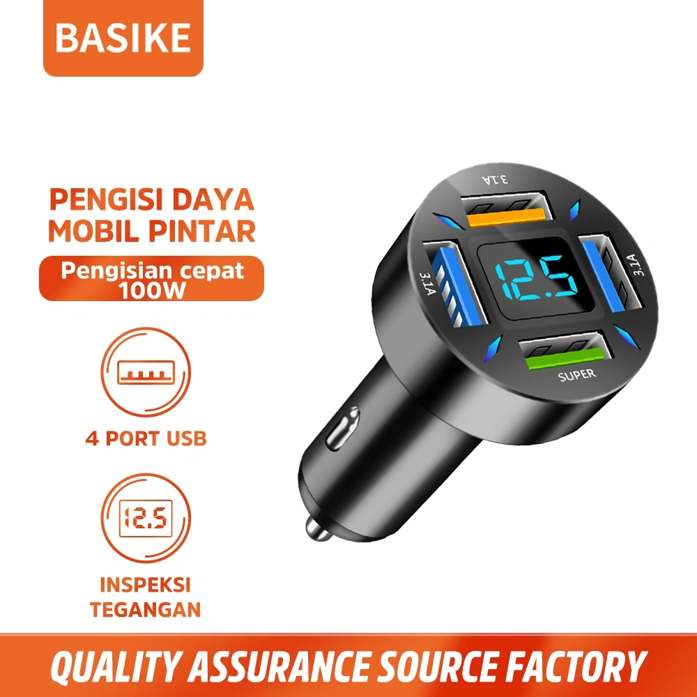 (HOT)BASIKE Car Charger Colokan Mobil 4 Ports USB Type C Fast Charging 100W LCD Safe high Speed