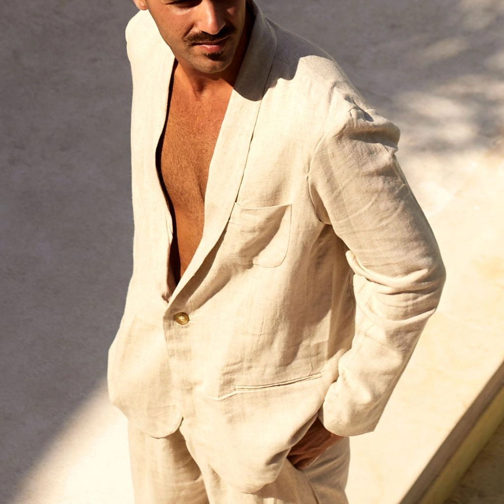 REMEDY Blazer Linen Pria Warna Cream - Sand Linen Blazer