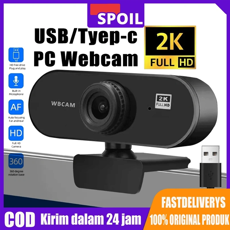 SPOIL Webcam Full HD 1440P 2K Kamera Sudut Lebar 90° Mikrofon Penghilang Kebisingan Bawaan USB Plug and Play Konferensi Video Langsung Webcam Komputer PC Desktop Laptop Smart TV