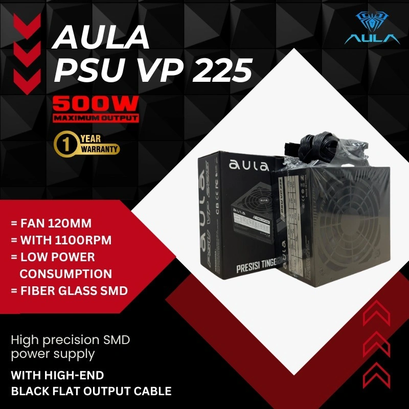 PSU Power Supply 225 watt Aula Max Output 500watt With 12cm Fan Garansi 1 Tahun