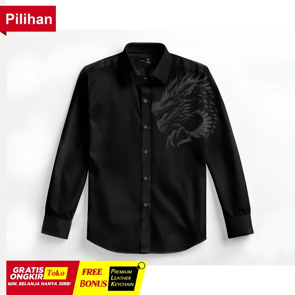 LVN - Dragon Tribal Shirt Black on Black Kemeja Hitam Batik Motif Naga