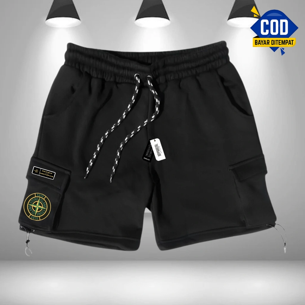 Cargo Celana Pendek Pria Wanita Terlaris Original Bahan Flecee Cargo Laki Perempuan Oversize Unisex Warna Hitam Sablon Ston Island Ukuran Jumbo [Bisa Cod]