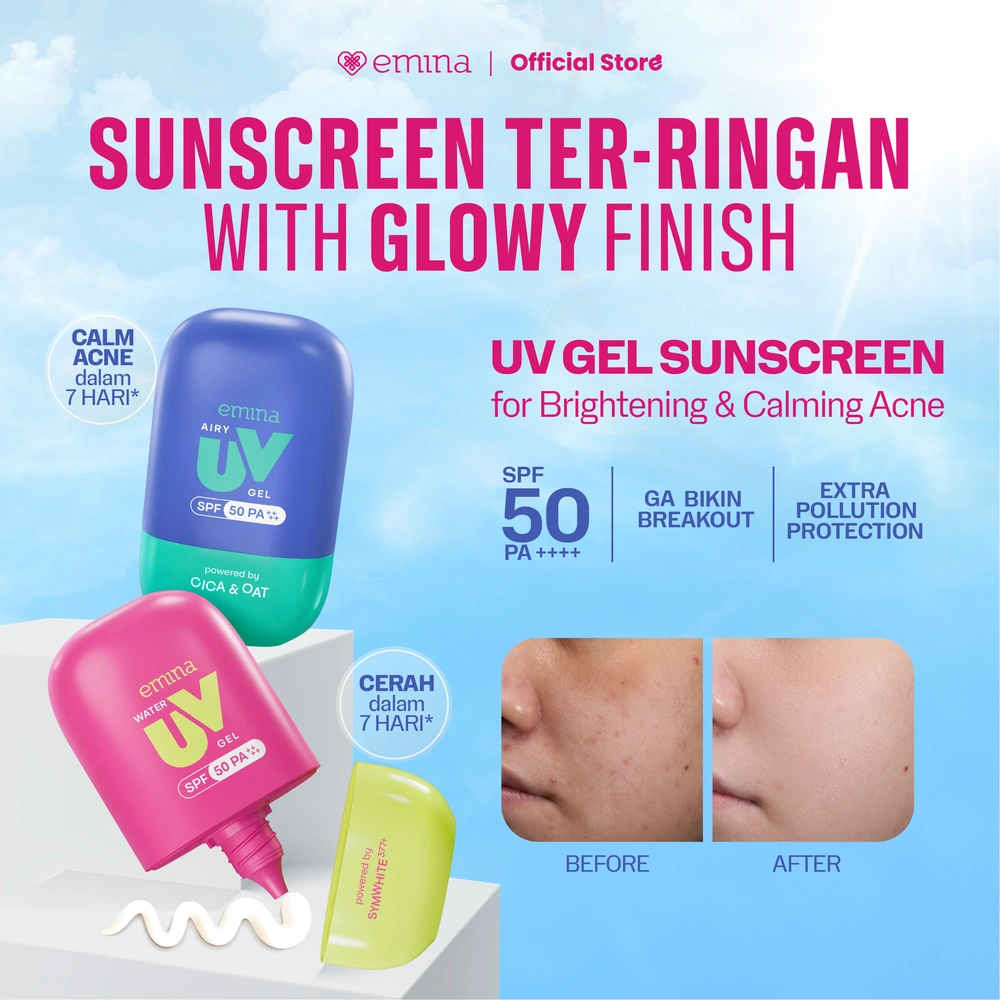 NEW! Emina UV Gel Sunscreen SPF 50 PA++++ Series - Sunscreen Wajah, Sunscreen Gel, Melindungi dari Sinar UV, No Whitecast, No Comedogenic, Cepat Menyerap, Lembut, Mencerahkan, Melembapkan, Mengandung Symwhite 377+, Cica, Oat, Cocok Untuk Semua Jenis Kulit