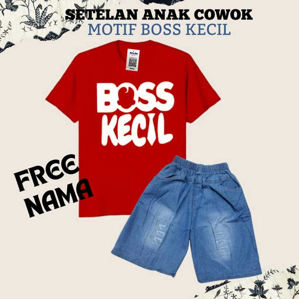 [GRATIS NAMA ANAK] Setelan Anak Laki-laki Kaos Distro Motif Boss Kecil Jeans Ripped Usia 1-8 Tahun