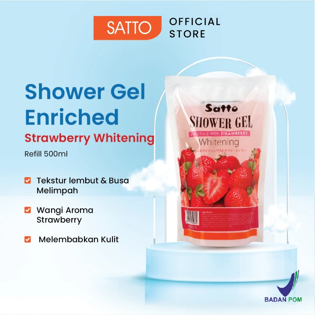 Satto Whitening Shower Gel Strawberry Refill 500ML – Mencerahkan Kulit, Eksfoliasi Lembut & Wangi Segar