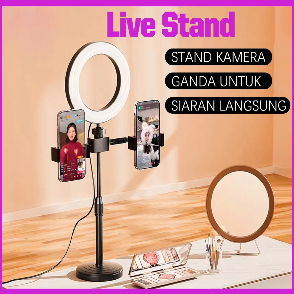 Ring light 16cm+Tripod +2 Holder Ring light Mini Stand Youtube Live Streaming  elfie Make Up Vlog Lampu