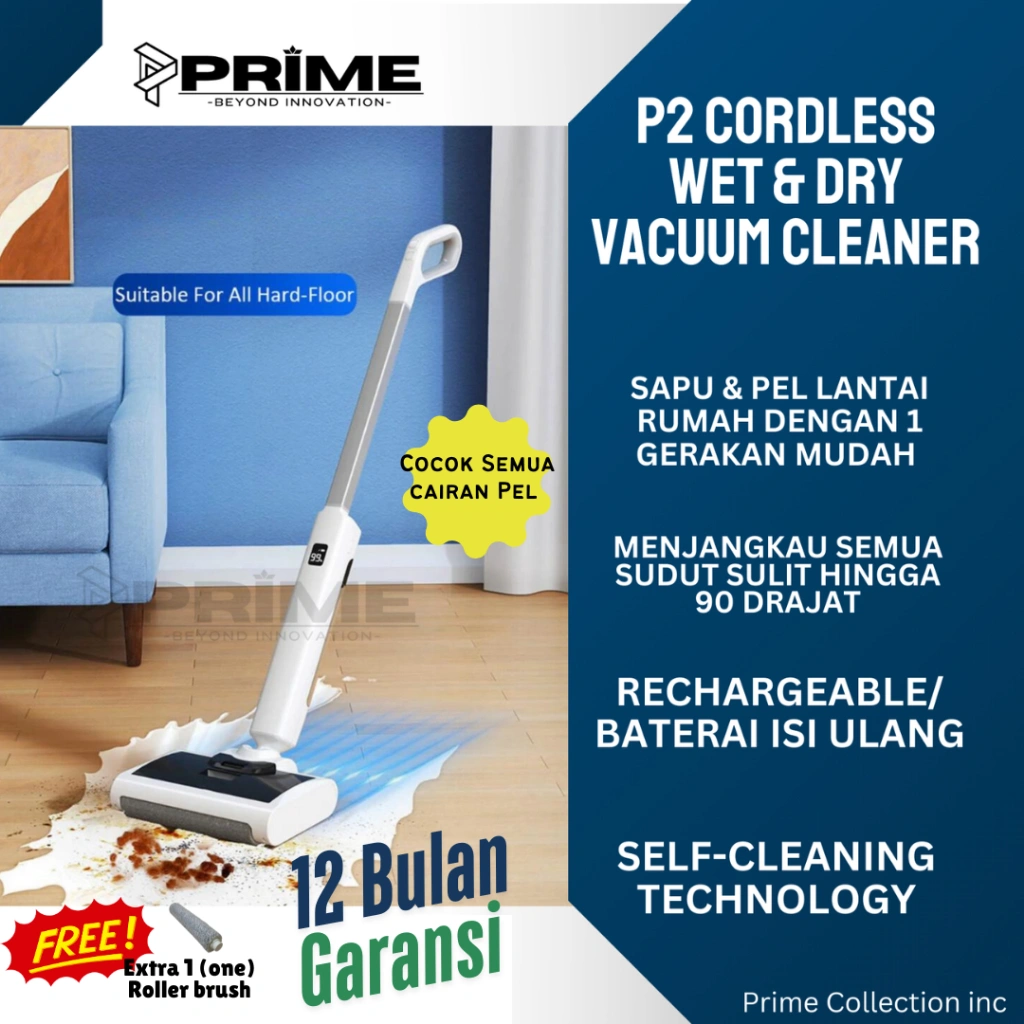 Vacuum Cleaner 3in1 Prime P2 Wet Dry Vakum Wireless Portable Rechargeable Sedot Sapu Pel Otomatis Tanpa Kabel Cordless