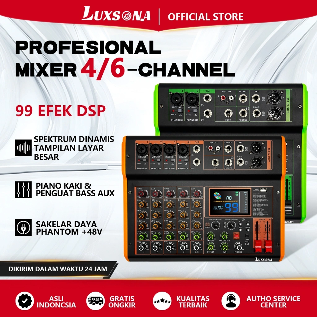 LUXSONA 4/6 channel mixer audio /mixerkaraoke/99DSP efek layar besarpencampur Audio/misker audio 4 Saluranmultifungsi/mendukung perekaman USBmixer Bluetooth efek reverb + phantom48Vpowereted