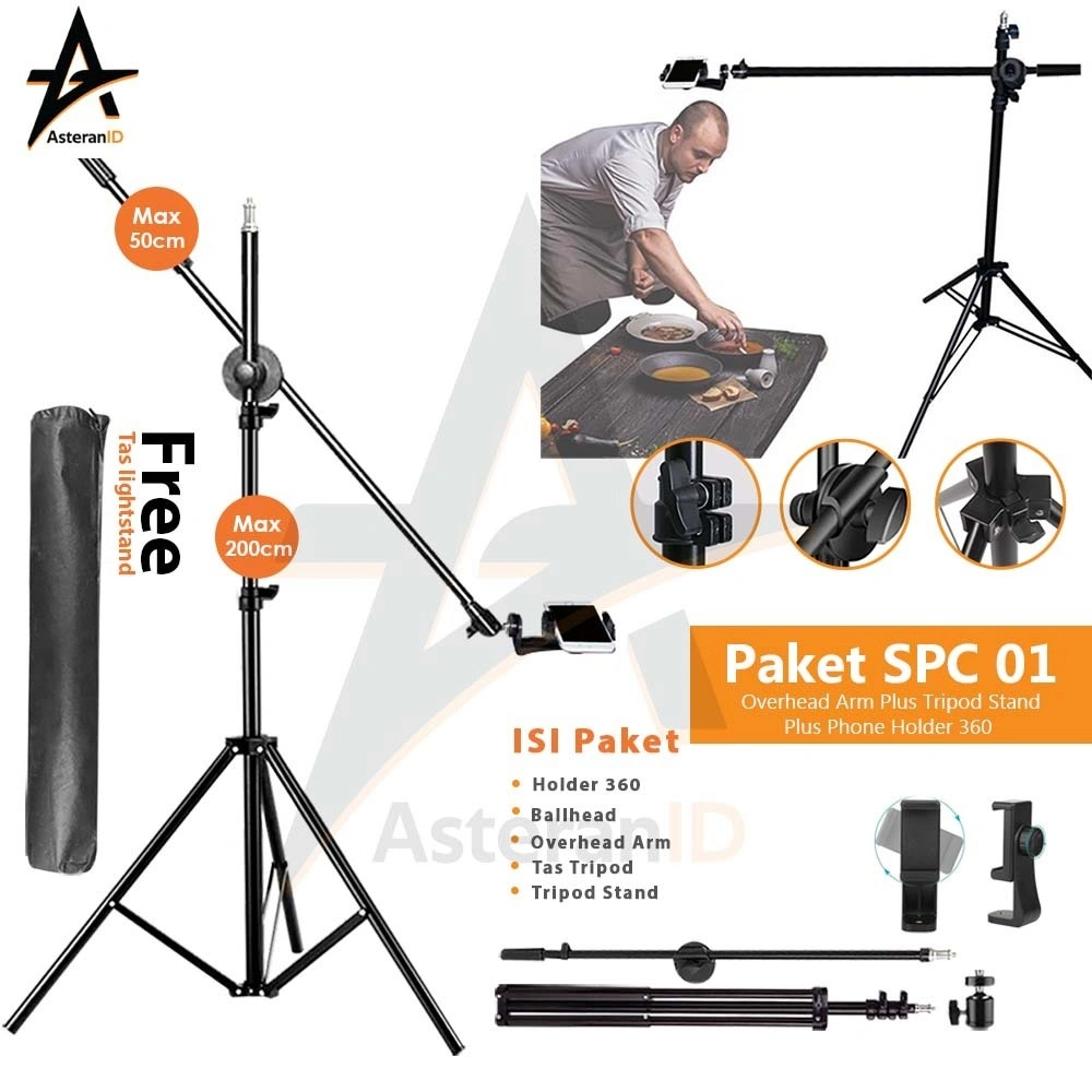 Overhead Tripod SPC01 Tripod Stand Plus Phone Holder 360 Handphone Bluetooth
