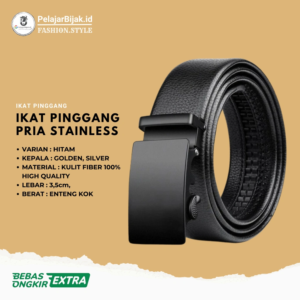 Ikat Pinggang Pria Kulit PU Full Hitam – Sabuk Gesper Automatic Buckle Besi, Formal & Casual