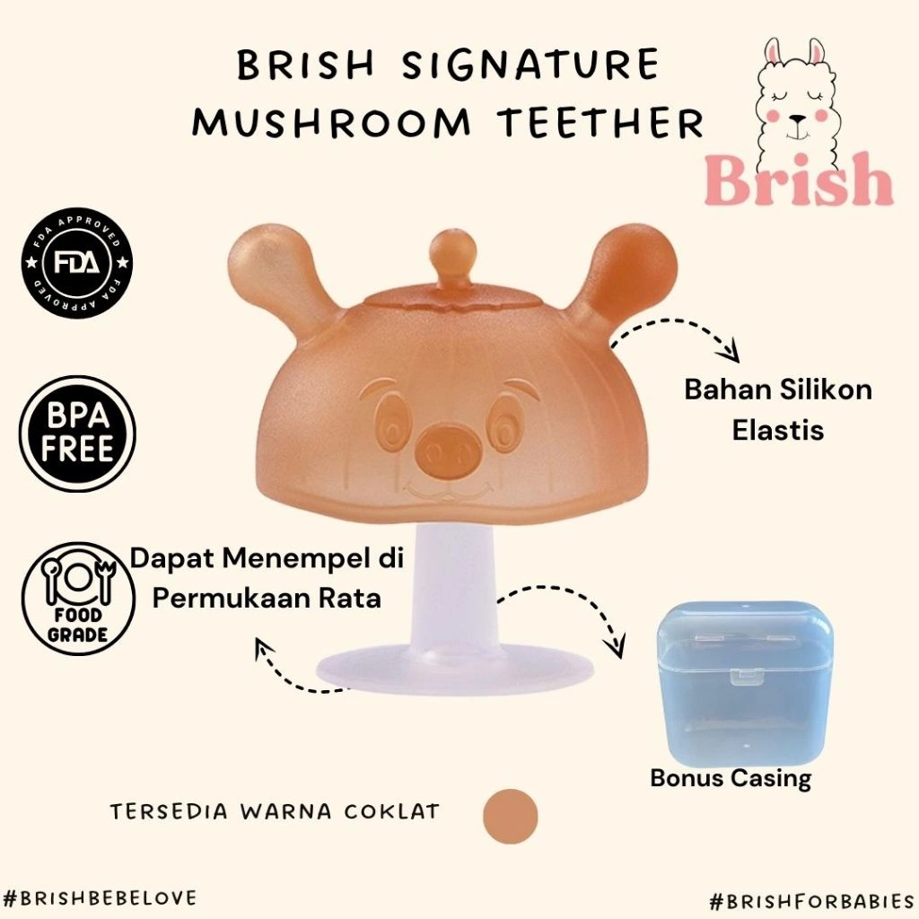 Mushroom Teether - Brish - Gigitan Bayi Silikon Kualitas Tinggi | BPA Free | Teether Multifungsi | Food Grade | Bonus Casing