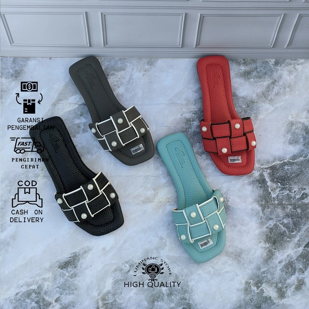 Sandal Kekinian Wanita Kondangan Terbaru | Sandal teplek anyam motif elegan Flat Teplek Selop Bahan Motif Papirut Kulit Jeruk Bros Mutiara Cantik Non Slip Anti Licin | Sendal Kteplek Slop Flip Flop Casual Wanita/Cewek Elegan Trend Simpel Empuk Dan Modis