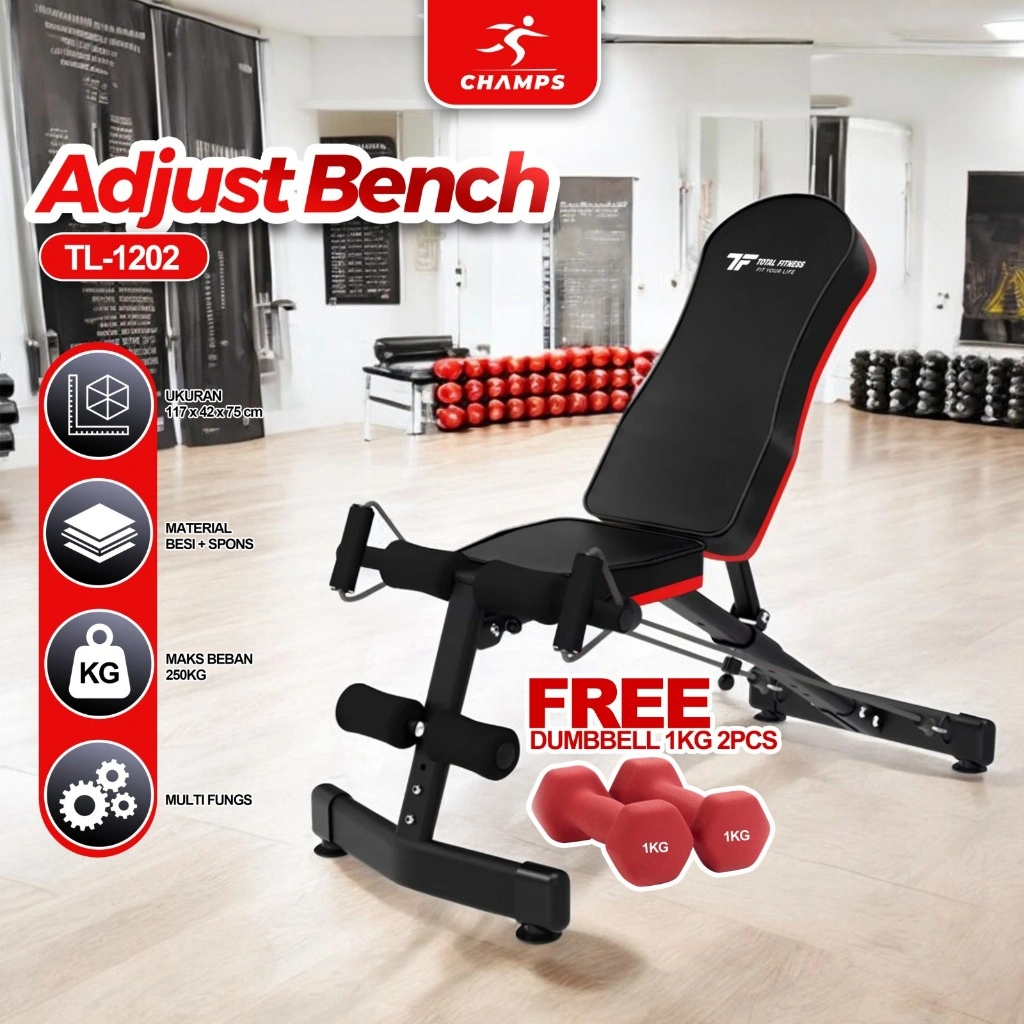CHAMPS Adjustable Sit Up Bench – Alat Fitness Lipat untuk Latihan Perut, Gym & Olahraga di Rumah