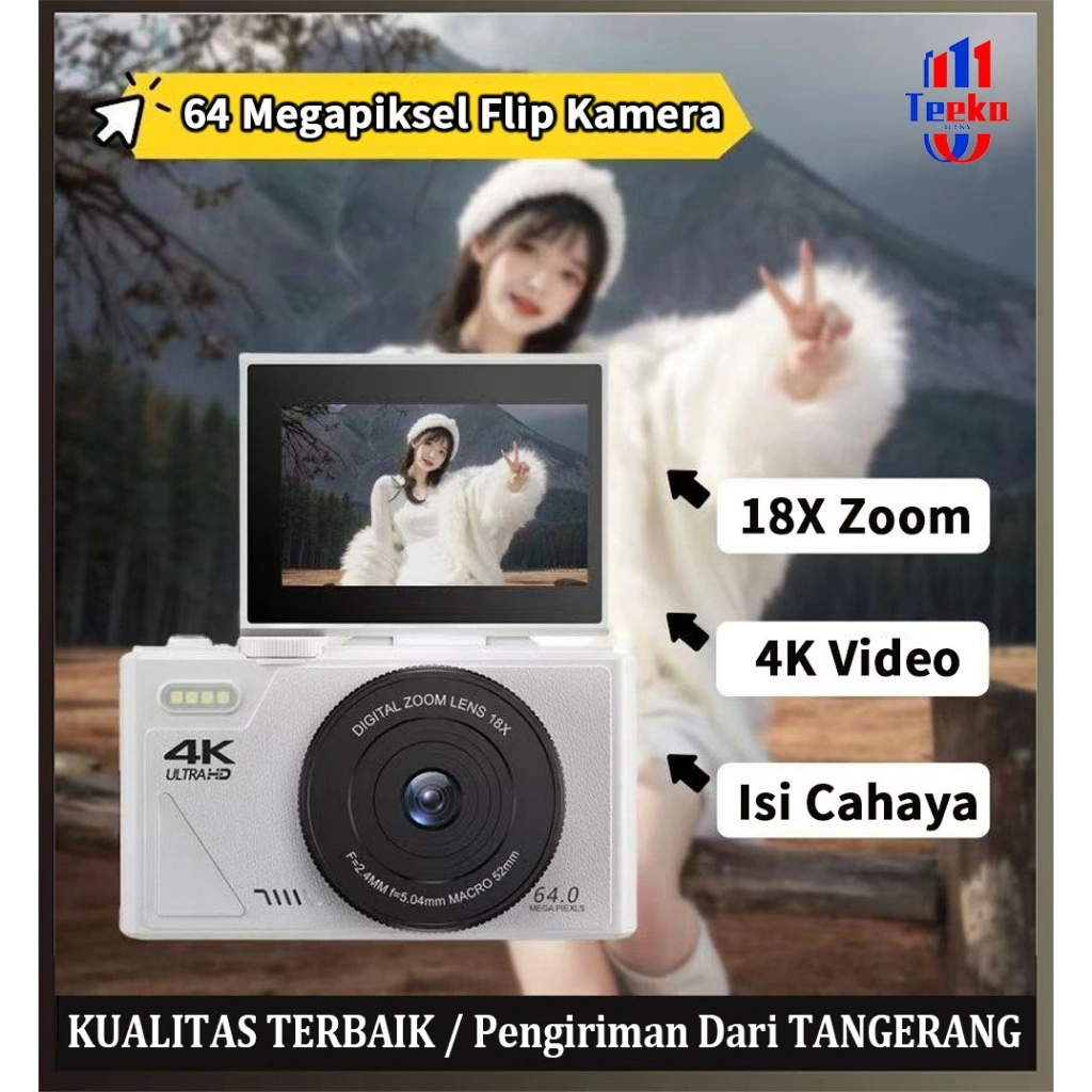 TEEKA Terbaru 75MP Digital Kamera Wifi Video 5K 18X Digital Zoom Dengan Dukungan Selfie Koneksi WIFI untuk Hadiah Pemula Dengan Kartu 64GB