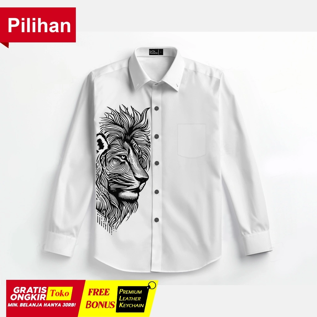 LVN - Kemeja Motif Singa Lion Kemeja Lengan Panjang Kemeja Wanita dan pria Kemeja Unisex Kemeja Casual Kemeja Trendy Kemeja Branded Kemeja Pria Kemeja Putih Kemja original kemja Premium kemeja slim fit kemeja wanita terbaru termurah