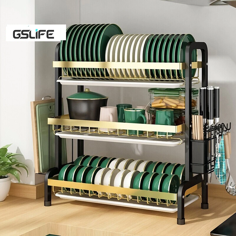 GSLIFE Rak Piring Stainless Steel Rak Piring Wastafel 2/3 Tingkat Rak Dapur Penyimpanan Rak Mangkuk Piring Dengan Aksesoris