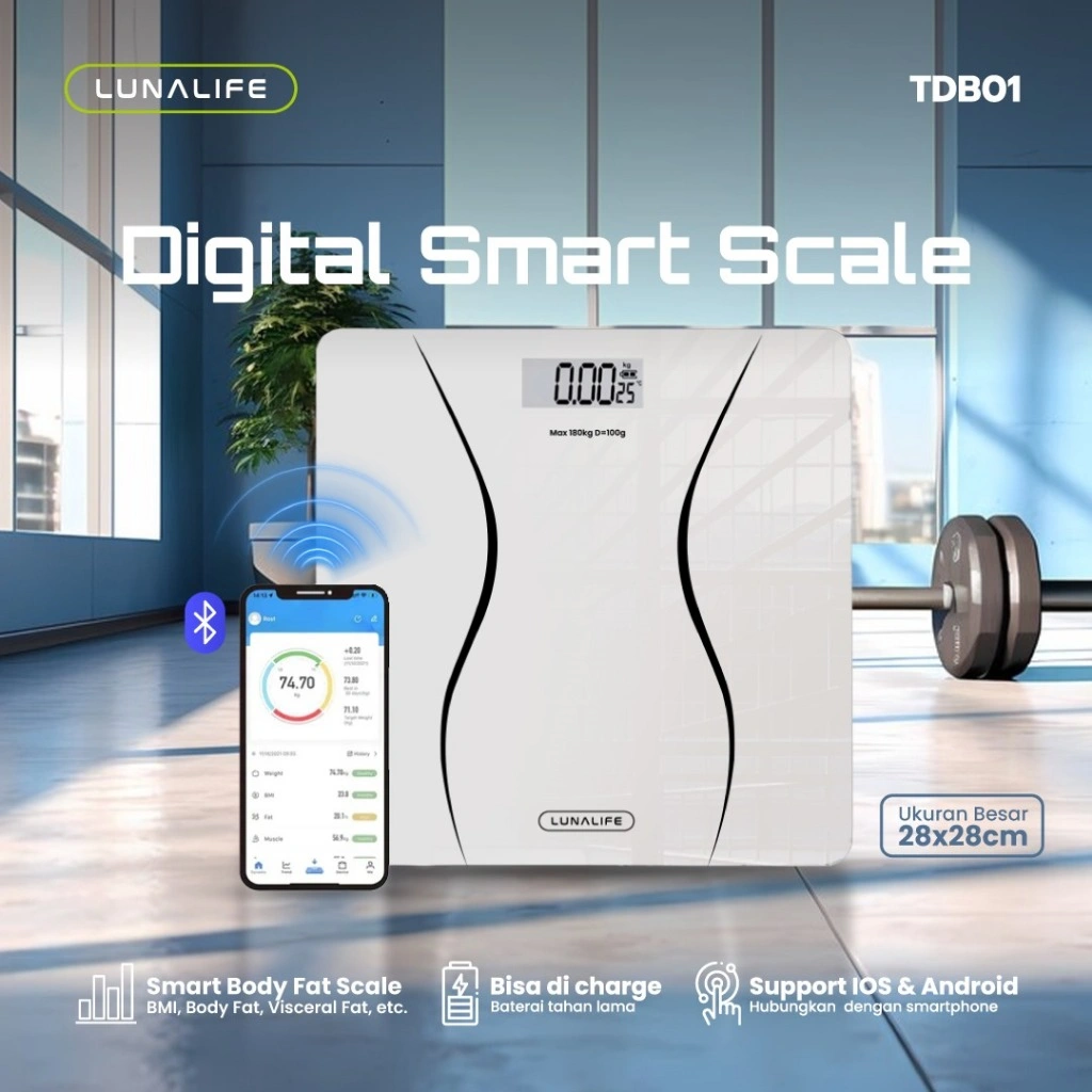 LUNALIFE Timbangan Smart 28cm Bluetooth Digital Body Fat Scale / Timbangan Badan Pintar Digital with App