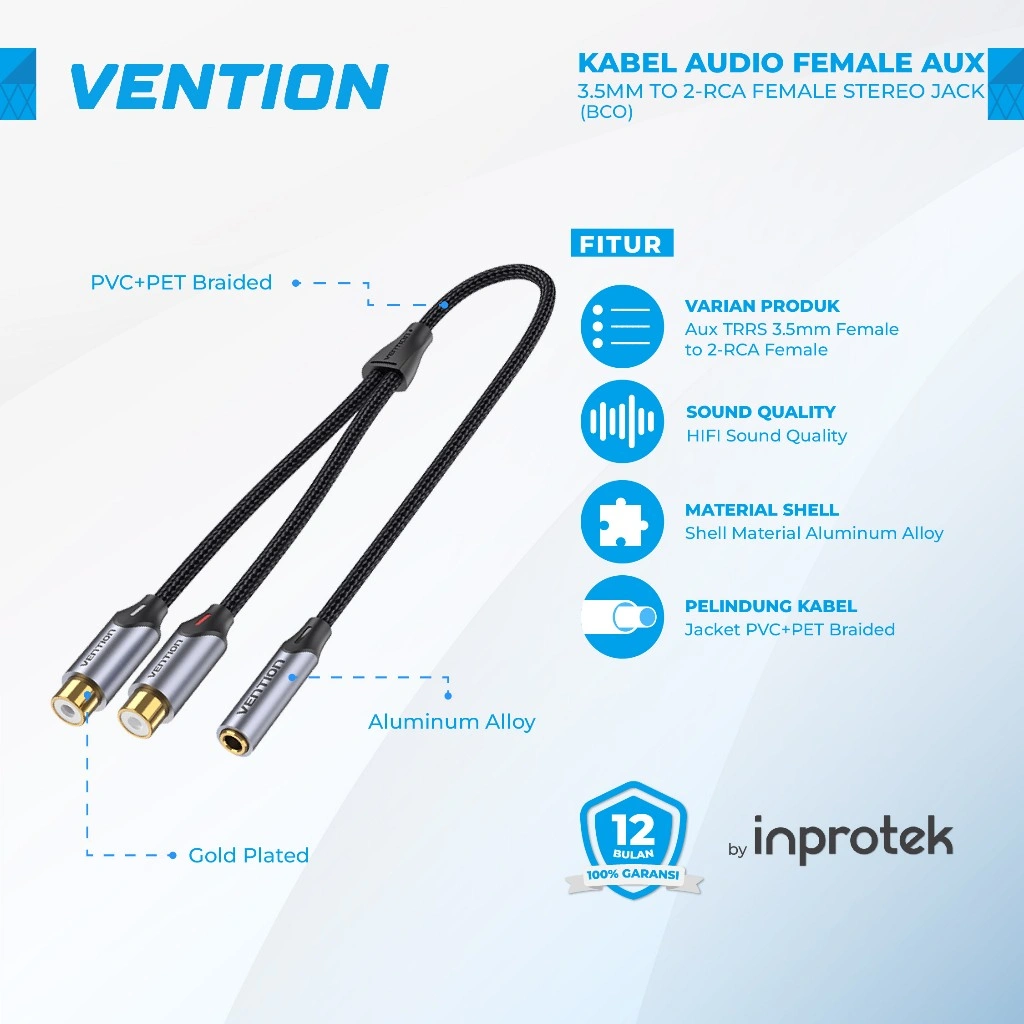 Vention Kabel Audio Female Aux 3.5mm to 2-RCA Female Stereo Jack
