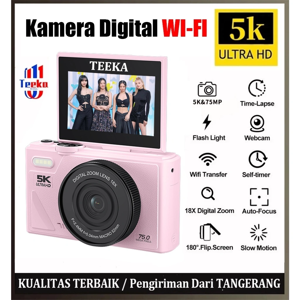 TEEKA 75MP Wifi Digital Kamera Flip Screen 5K Camera 18X Digital Zoom Dengan Dukungan Selfie Koneksi WIFI untuk Hadiah Pemula