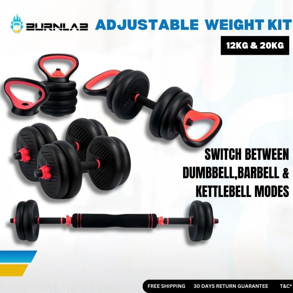 BURNLAB Adjustable Dumbbell, Barbel, Kettlebell 6 in 1 Set 12 KG & 20 KG - Plates 2-2.5 KG