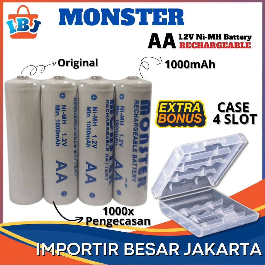 BONUS CASE!!! AA Monster 1000mAh 1.2V Baterai Cas Ulang Batre Mainan Anak Mobil Mobilan Batre Tamiya Original 4 PCS