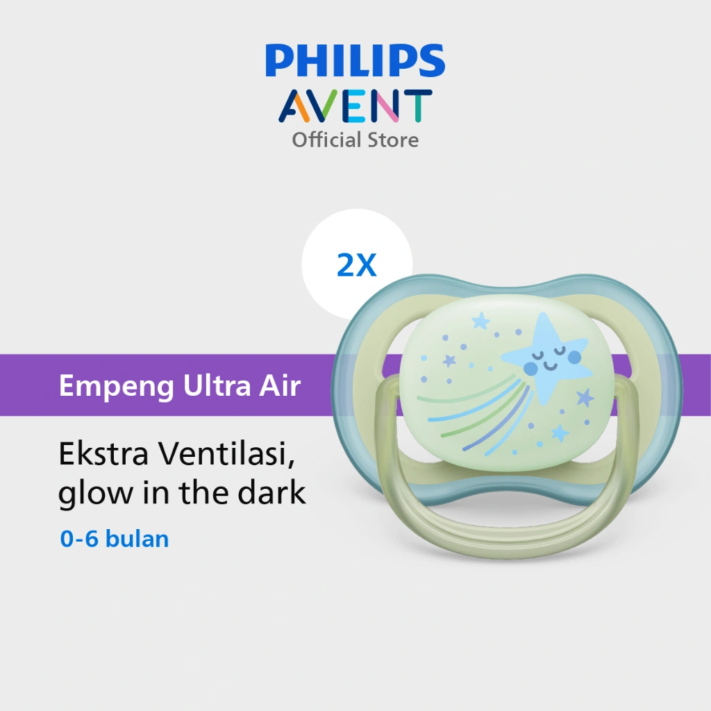 Philips Avent | Empeng Bayi / Soother Bayi | Ultra Air Glow In The Dark | Empeng dengan Ekstra Ventilasi | Character | 0-6M | SCF376/18