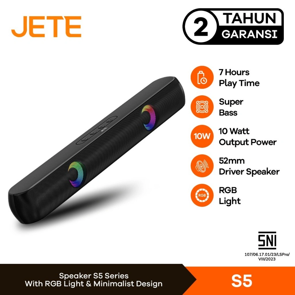 JETE S5 Soundbar Bluetooth Speaker with SuperBass, RGB & Aux 3.5mm - Garansi 2 Tahun