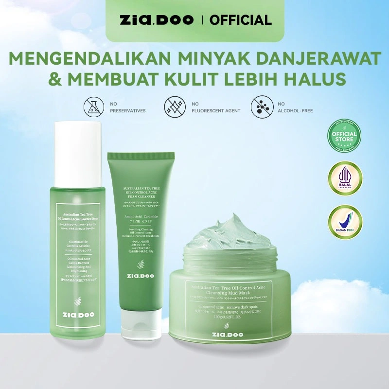 ZIA.DOO Australian Tea Tree Oil 3in1 Acne Care Set – Clay Mask 60g/100g, Cleanser 80g, Toner 100ml | Kontrol Minyak, Mencerahkan, Menenangkan, Perawatan Jerawat