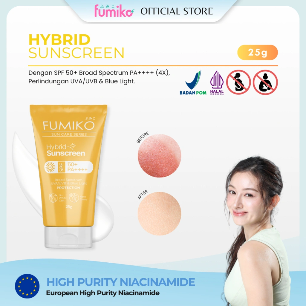 Sunscreen SPF 50+/PA++++ 25g Hybrid (Chemical dan Physical) Fumiko Max Protection - Ringan & Mencerahkan Kulit| None Greasy