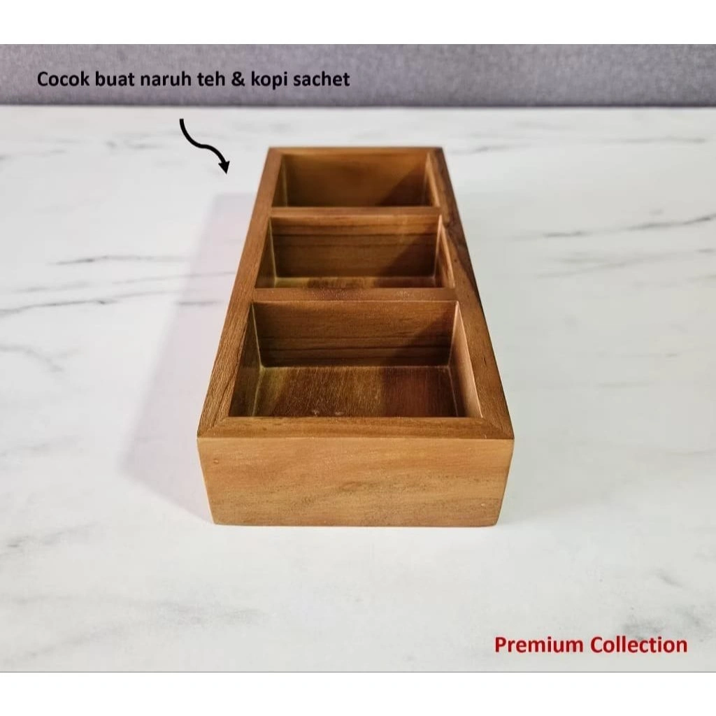 Kotak Kayu Jati Serbaguna 3 Sekat – Untuk Bumbu Dapur / Teh & Kopi Sachet – 24x11x4,5 cm