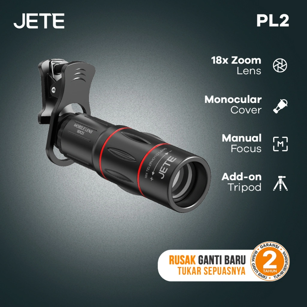 JETE PL2 Lensa Kamera HP 18x Zoom Monocular Free Tripod Garansi 2 Tahun