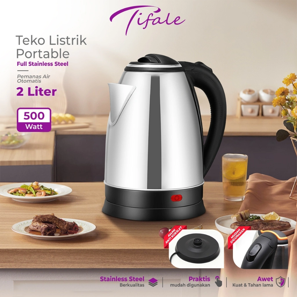 Tifale Teko Listrik 2 Liter Full Stainless Steel Pemanas Air Electric Kettle Ketel Otomatis